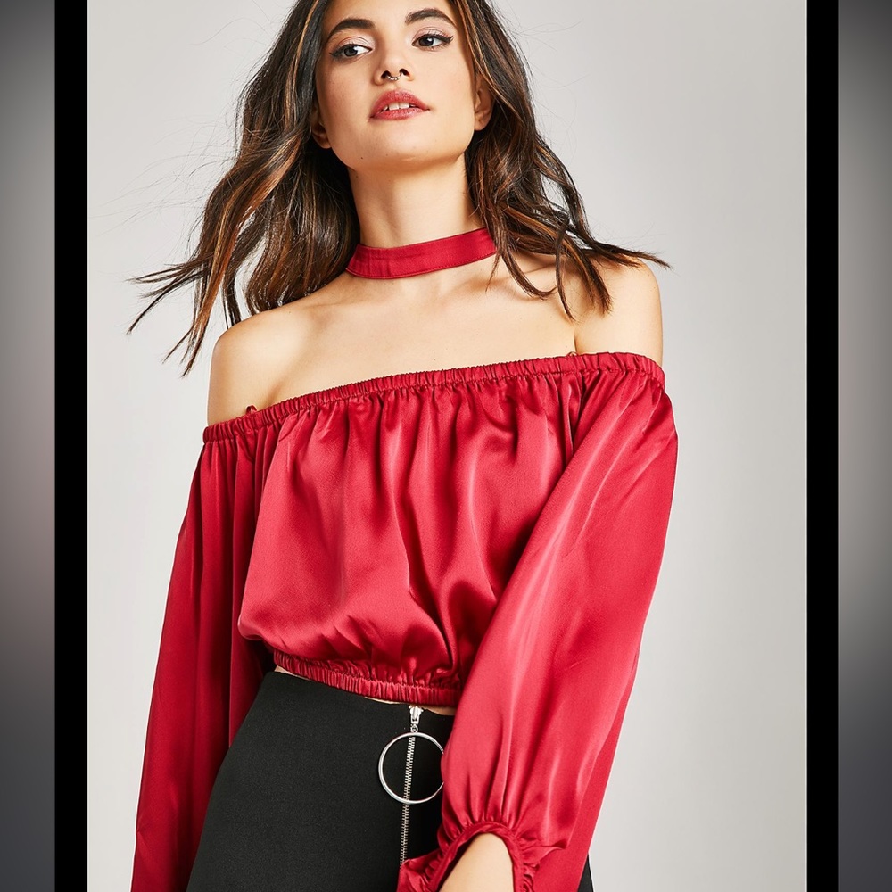 Off shoulder, satin crop top, choker attached by lush